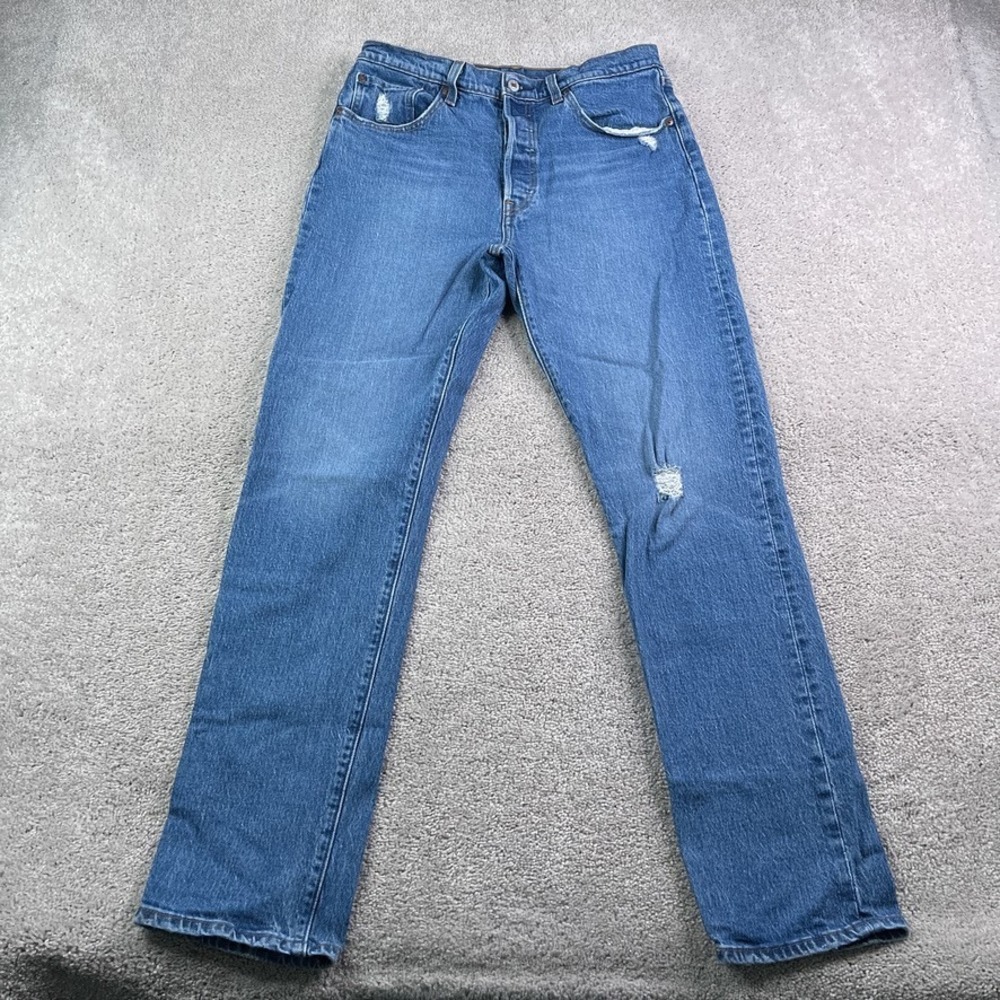 Levis Jeans Womens 31 Blue 501 Straight Leg‎ Button Fly Distressed Stretch Denim